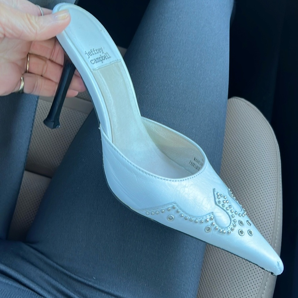In search of! White Jeffrey Campbell heeled studded bite me mules